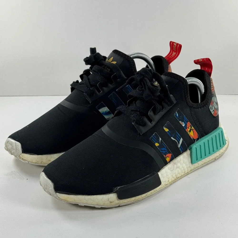Adidas NMD R1 Core Black Floral Stripes Teal Accents Sneakers‎ FY3665 Mens 9